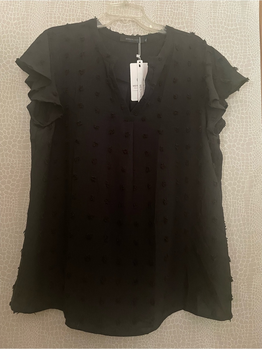 Black Textured Flutter-Sleeve Blouse